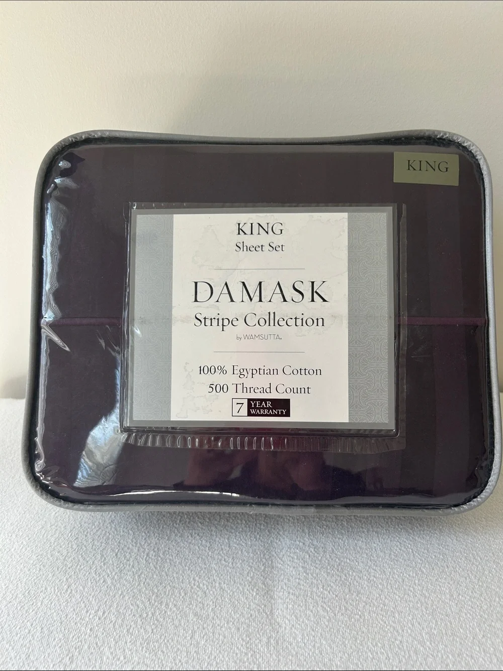 New in package. Damask Egyptian Cotton King Sheet Set. Purple. NWT